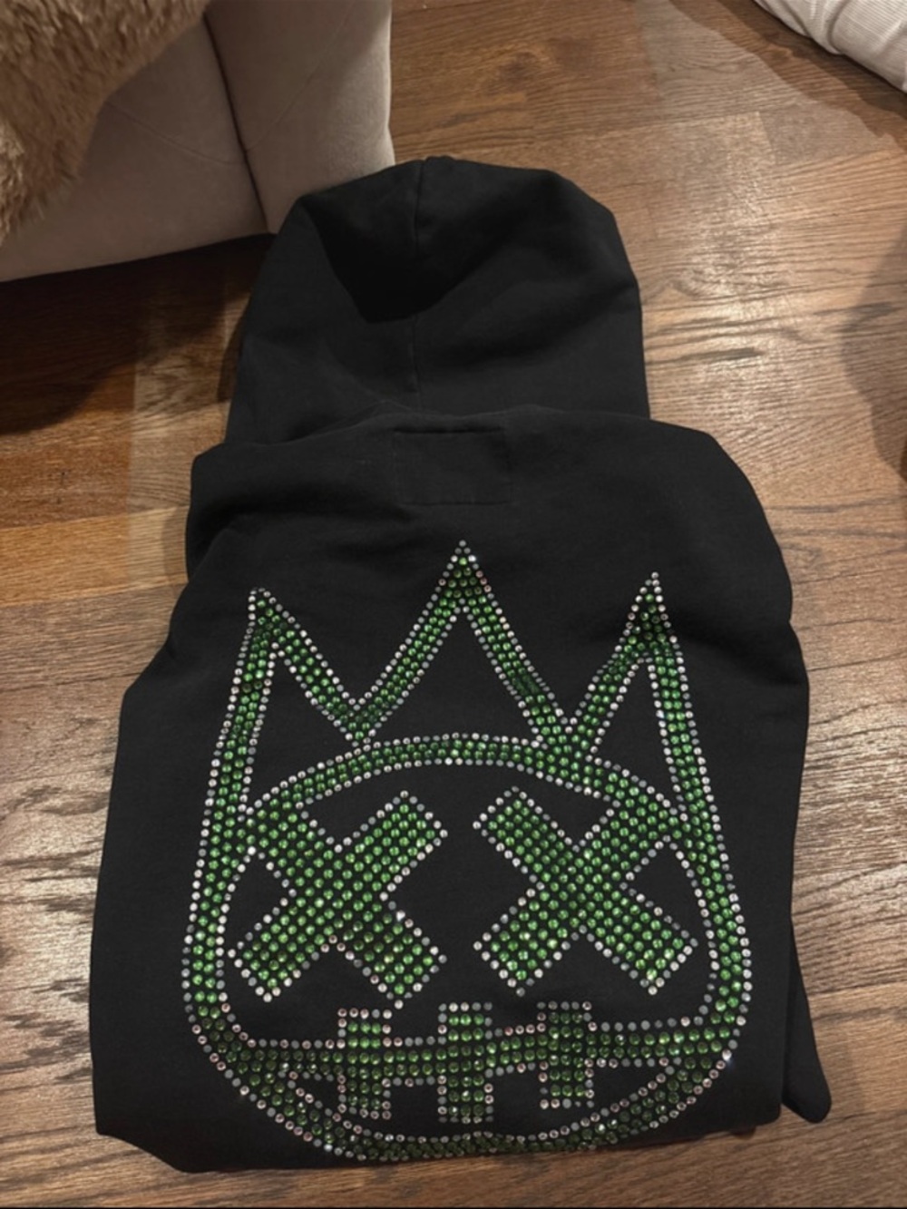 Cult of Individuality Black Hoodie with Green and Silver Studded Crown Graphic